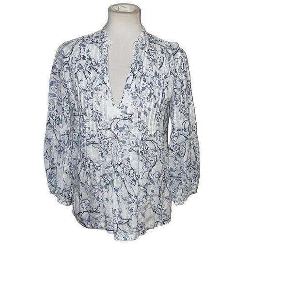 120% Lino Etched Indigo Floral Print Poet Style Top Pintucked sz IT 38, US 2 - Picture 1 of 9